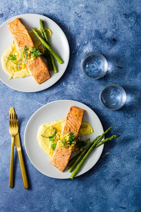 The popular "miso butter salmon" is brought to the next level with a sweet and savory corn puree. Frozen corn can be substituted, but fresh is always best. #easyrecipes #summerrecipes #salmon #corn #foodblogger #recipe Miso Butter Salmon, Corn Puree, Pea Puree, Butter Corn, Miso Butter, Steamed Asparagus, Butter Salmon, Potato Puree, Easy Salmon