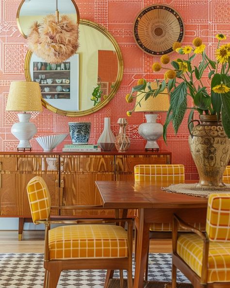 Bursting with vibrant hues and eclectic charm, this dining area is a feast for the eyes. The bold orange wallpaper, featuring intricate patterns, sets a lively backdrop for the mid-century modern furniture. The warm wood tones of the credenza and dining table are beautifully complemented by the mustard-yellow checked upholstery, infusing the space with a playful yet sophisticated vibe. Thoughtfully curated decor items, including vintage lamps, ceramic vases, and a whimsical feather chandelier... Unconventional Dining Room, Mustard Yellow Dining Room, Eclectic Dining Table, Lamps Ceramic, Funky Dining Room, Warm Wood Tones, Yellow Dining Room, Feather Chandelier, Zen Interiors