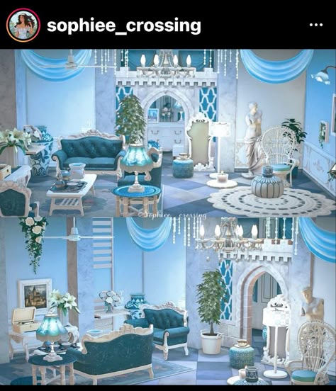 Acnh Elegant Living Room, Acnh Blue Room Ideas, Animal Crossing Elegant Room, Mermaid Room Acnh, Living Room Acnh Ideas, Animal Crossing Mermaid Room, Mermaid Living Room, Blue Animal Crossing, Animal Crossing Living Room