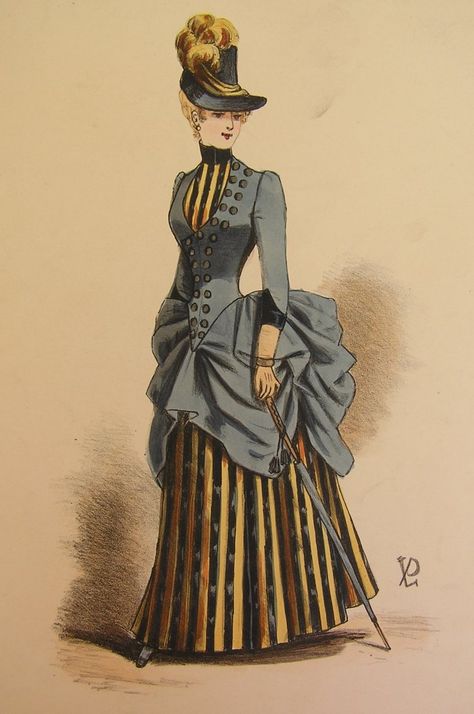 Loving the stripes!  Late 1880s 1880 Fashion, Victorian Era Fashion, 1890s Fashion, 1880s Fashion, 1800s Fashion, Victorian Costume, 19th Century Fashion, History Fashion, Paris Mode