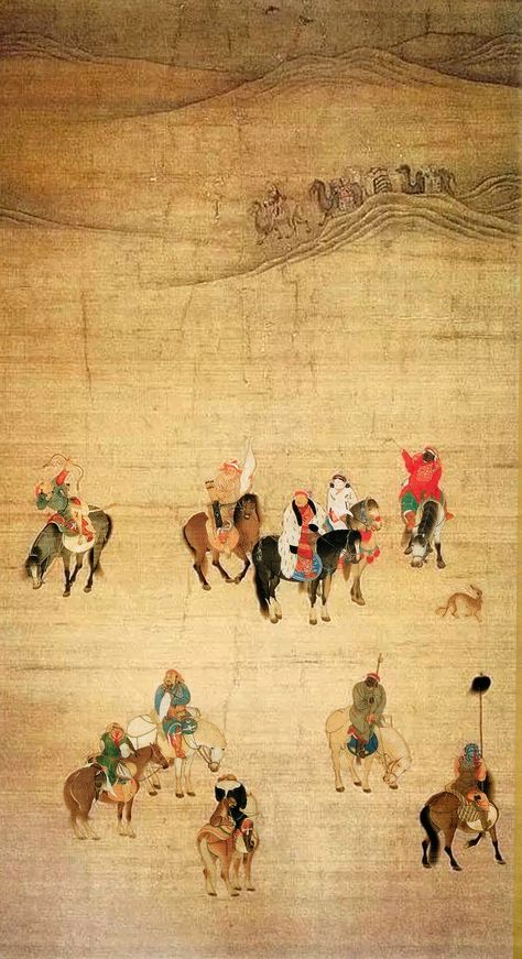 Khubilai Khan hunting,  painted by Liu Guandao ca. 1280,  Taipei National Museum.  Mongol horses were a key factor supporting the 13th-century conquests of the Mongol Empire. Kublai Khan, Chinese Emperor, Silk Art, Art Japonais, Old Paintings, Art Historian, Chinese Painting, Ancient Chinese, Silk Painting