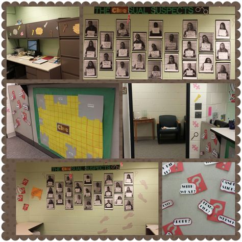 Clue Themed School Hallway, Clue Game Bulletin Board Ideas, Clue Themed Decorations, Clue Game Decorations, Clue Themed Hallway, Clue Board Game Decorations, Clue Decorations, Clue Night, Office Halloween Themes