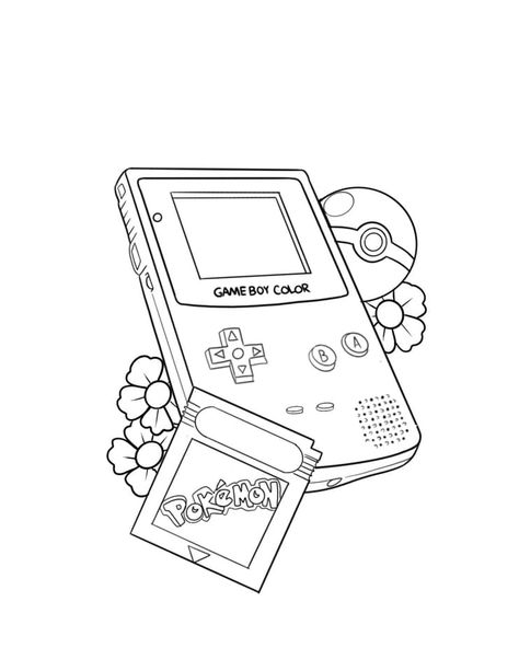 Pokemon Tattoo Sleeve Black And White, Nintendo Art Drawing, Gameboy Color Tattoo, Cyberpunk Coloring Pages, Gamer Coloring Pages, Pokemon Tattoo Stencil, Gaming Coloring Pages, Gameboy Drawing, Gameboy Tattoo