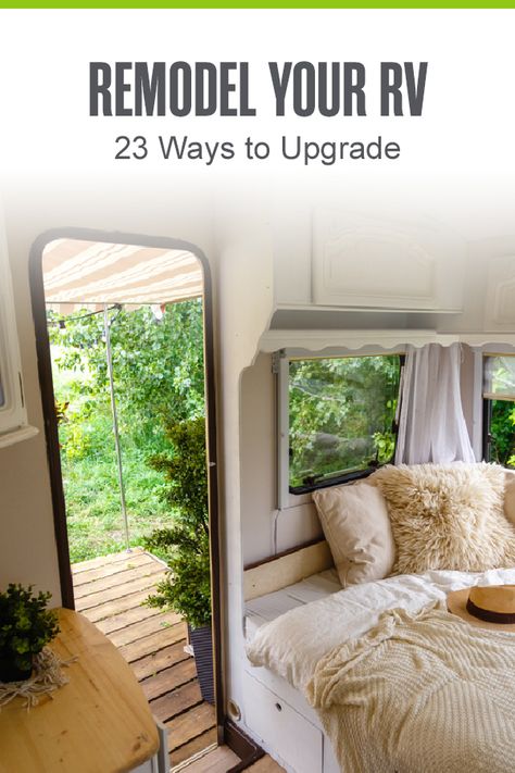 Looking for ways to update the look of your RV, camper, or van? These 23 makeover ideas will help you remodel your RV and design the space you've always wanted! via @extraspace Class C Rv Remodel Interiors Before And After, Diy Camper Makeover On A Budget, Class C Camper Remodel, Rv Updates Diy, Rv Remodel Ideas Rv Interior, Class C Rv Renovation Ideas, Farmhouse Camper Remodel, Class A Remodel, Boho Rv Interior