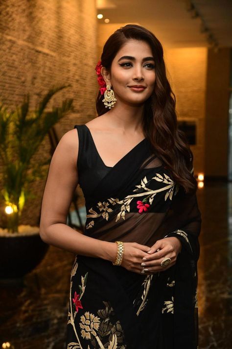 pooja hegde in black saree by rohit bal for acharya press meet0 Krithi Shetty, Bhavana Actress, Floral Saree, Pooja Hegde, Modern Saree, Short Bodycon Dress, Malayalam Actress, Black Saree, Movie Reviews