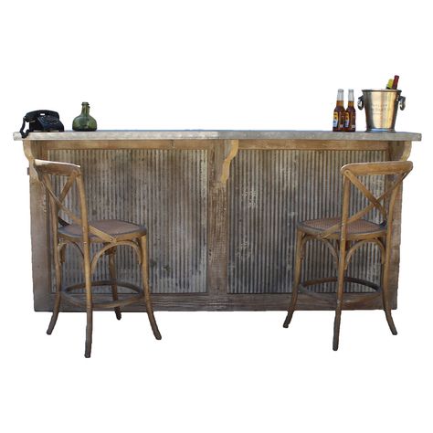 Ask a Question Add to Favourites Toggle navigation new all products hardware bars decor lighting furniture contact us new all products hardware bars decor lighting furniture contact us Old Wood Vintage Style Home Bar With Galvanized Stamped Tin Panels Country French Farm Style Home Bar or Tavern This stunning, old fashioned country style home bar features a two tier galvanized tin top, wooden frame, under cabinets, and drawers. Note the craftsmanship on the three scroll brackets that help hold the top in place. Sure to be the focal point of your home, this hand crafted rustic bar is big enough to party with your friends, and compact enough to hide away. On Sale ONLY while supply lasts. Dimensions: 90 inches Wide by 25 1/2 inches Deep by 43 1/2 inches Tall. Construction: Galvanized Tin and Farm Style Home, Tin Panel, Home Pub, Rustic Bar, Bar Seating, Country French, Pub Bar, Wood Bar, Farm Style