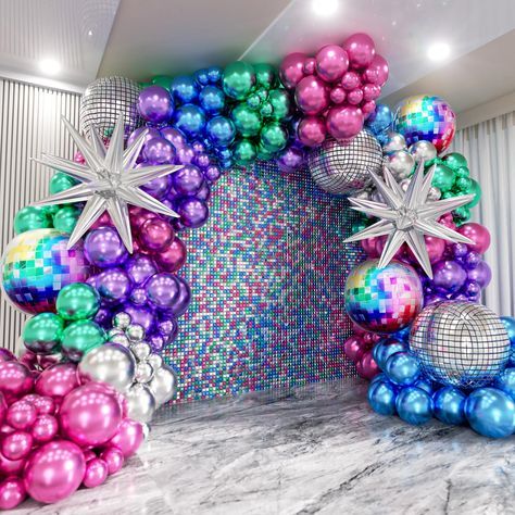 Karaoke Party Decorations, Chrome Balloon Garland, Rave Party Decorations, Colorful Disco Ball, Disco Balloons, Disco Ball Balloons, Prom Theme Party, Ball Balloons, Decades Party