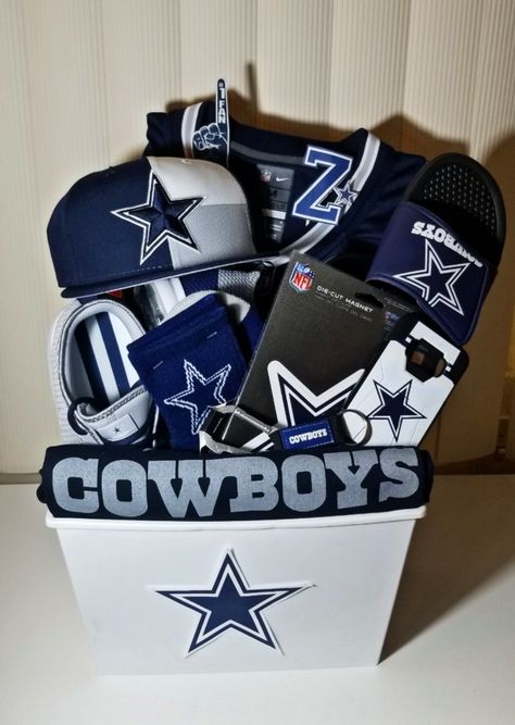 Sports team basket. Great birthday gift for football fans like my husband. Pinterest inspired, I think I did great! #NFL #DallasCowboys #Football Men’s Birthday Gift Basket Ideas, Superbowl Gift Basket Ideas, Football Birthday Gifts For Boyfriend, Dallas Cowboys Gifts For Him, Cute Baskets For Boyfriend Football, Sports Gift Basket Ideas, Sport Gift Basket, Football Gift Basket Ideas, Gift Basket For Husband