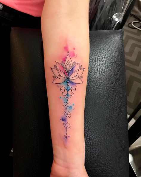 Lotus Tattoo On Forearm, Lotus Flower Tattoo Matching, One Moment At A Time Tattoo, Color Lotus Tattoo Design, Back Lotus Tattoo Women, Rainbow Lotus Tattoo, Wrist Lotus Flower Tattoo, Women’s Tatoos Ideas, 3 Lotus Flower Tattoo