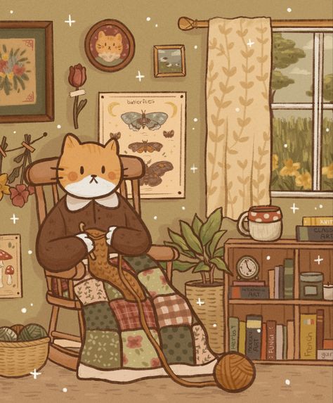 orange and white cat character sitting in a rocking chair with a blanket over her lap. she wears a brown collared sweater and is crocheting with orange yarn. the room she’s in is warm and cozy, and she’s seated by a window with a view of tall green grass and lush trees outside. there are dried flowers and vintage nature photos on the wall behind the cat, and a bookshelf filled with books beside her. Autumn Illustration, Cozy Crochet, Fairytale Art, Autumn Art, Cat Drawing, Cute Doodles, Whimsical Art, Cute Illustration, Pretty Art