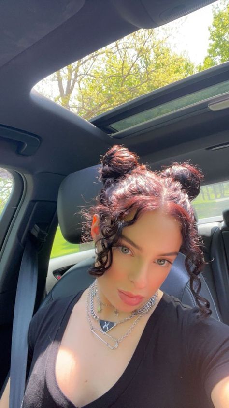 Curly Hair Color Bliss: Bold Shades for Luxurious Volume Curly Hair Bandana, Space Buns Curly Hair, Buns Curly Hair, Space Bun Hairstyle, Space Bun, Hair Bandana, Double Buns, Bandana Style, Space Buns