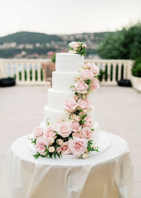 White Cake With Pink Flowers, Wedding Cake Pink Flowers, Cake With Pink Flowers, Pink Rose Wedding Cake, Classy Wedding Cakes, Wedding Cake With Pink, 5 Tier Wedding Cakes, Wedding Palettes, Pink Rose Wedding