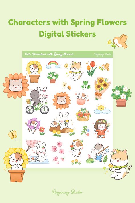 Customize your digital planner with this cute & Hand-drawn "Cute Characters with Spring Flowers Sticker Set" Spring Sticker Sheet, Digital Sticker Sheet, Spring Stickers, Goodnotes Stickers, Digital Planner Stickers, Flowers Digital, Illustration Ideas, Cute Kawaii Drawings, Digital Stickers