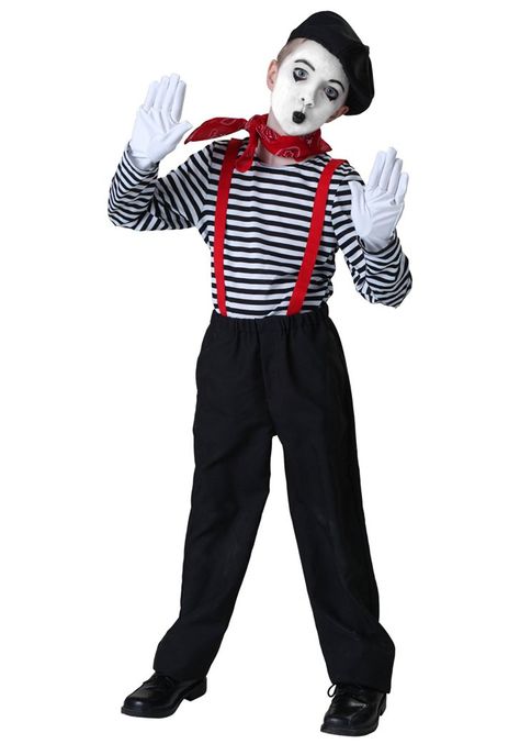 These 13 DIY Costumes For Kids Can Be Accomplished With 1 Pair of Overalls Mime What you need: Black overalls, black-and-white striped shirt, black beret, white gloves, face makeup, and a silent child (a joke, obviously) Mime Halloween Costume, Mime Costume, Mime Makeup, French Costume, Children Costumes, Costume Works, Diy Costumes Kids, Kids Costumes Boys, Circus Costume