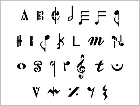 Music notes alphabet stencil musical symbols font set letters. #OldEnglishFonts #VintageCalligraphy #MedievalTypography #AntiqueLettering #RetroScript Musical Alphabet Letters, Gaelic Font, Music Notes Letters, Music Lettering, Notes Alphabet, Interesting Fonts, Music Font, Irish Font, Musical Symbols