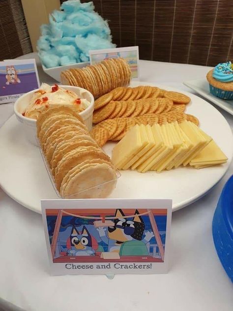 Bluey Theme Candy Table, Bluey Themed Birthday Treats, Food Ideas For Bluey Party, Bluey Theme First Birthday, Bluey Bingo Birthday Party Food, Bluey Themed Third Birthday, Bluey Theme Party Food, Bluey Birthday Party Foods, Bluey Inspired Food