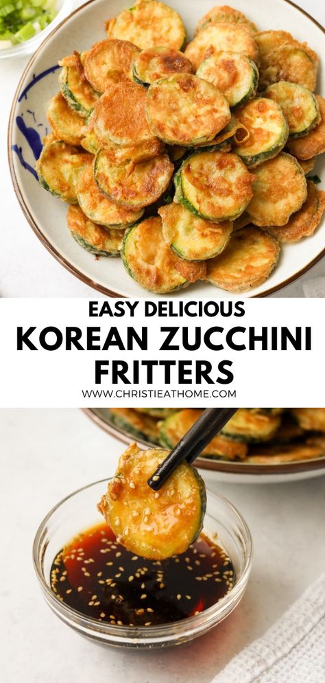 Korean Zucchini Fritters (Hobak Jeon). These crispy zucchini fritters dipped in a savory tangy dip. This 30 minute recipe will become your favourite way to enjoy vegetables. International Vegetable Recipes, Healthy Fry Recipes, Fun Asian Recipes, Appetizer Recipes Asian, Healthy Fresh Snacks, Southern Healthy Recipes, Korean Dishes Vegetarian, Chinese Sides Recipes, Dinner Ideas Korean