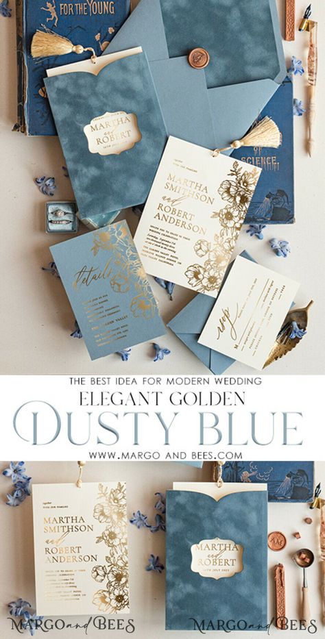 Blue Gold Wedding Theme, Original Invitations, Dusty Blue And Gold Wedding, Blue Velvet Wedding, Unique Wedding Invitations Elegant, Dusty Blue Invitation, Blue Gold Wedding Invitation, Gold Wedding Invitations Elegant, Classic Blue Wedding