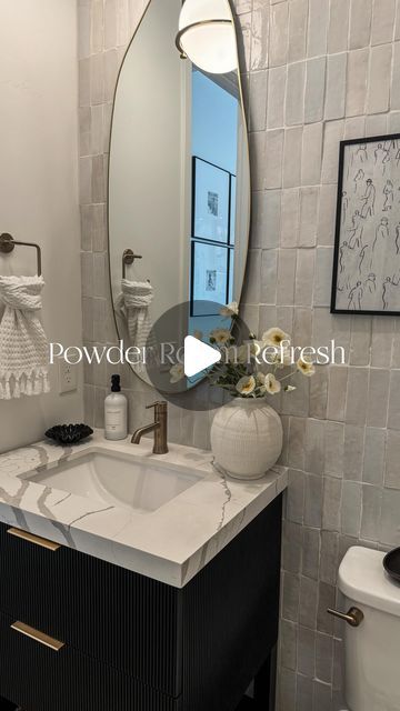 Modern Organic Half Bathroom, Wall Tile Powder Room, Organic Modern Powder Room, Half Bath Accent Wall Ideas, Half Bath Ideas Powder Rooms, Guest Powder Room Ideas, Half Bath Accent Wall, January Refresh, Half Bath Inspiration