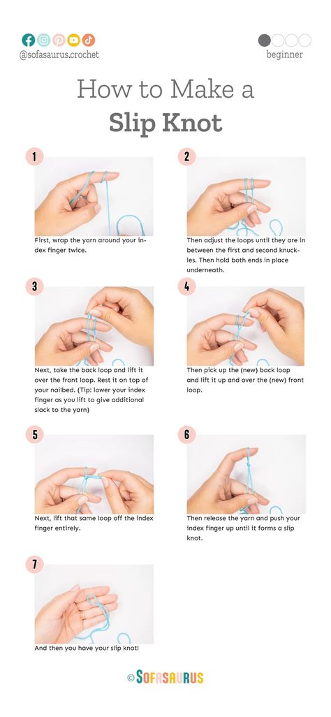 #2 How to Make a Slip Knot - Sofasaurus Crochet How To Slip Knot Crochet, How To Tie A Crochet Knot, Crochet Starting Knot, How To Do A Slip Knot Crochet, How To Make A Slip Knot Crochet, Single Crochet Projects For Beginners, Slip Knot Knitting, Slip Knot Crochet, Crochet Knot