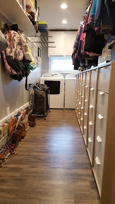 Family Closet Laundry Room, Tiny House For Big Family, Family Closet, Shared Closet, Laundry Ideas, House Organization, Basement Laundry Room, Closet Hacks, Basement Laundry