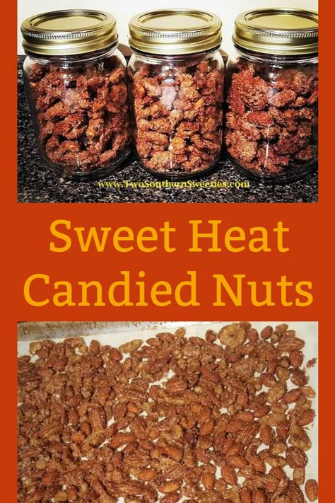 Quick, easy recipe for sweet and spicy candied nuts with the perfect touch of heat. Stop wasting money buying candied nuts when you can make them for less. Spicy Pecans Recipe, Spicy Walnuts, Candied Nuts Recipe, Spiced Nuts Recipe, Spicy Almonds, Flavored Nuts, Spicy Nuts, Spicy Candy, Candied Almonds