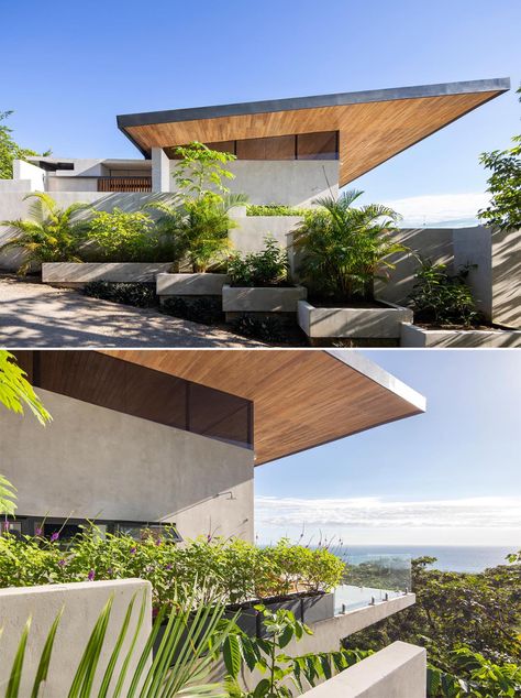 The Large Roof Overhang On This House Was Designed To Provide Shade From The Tropical Sun Tropical Roof Design Architecture, Concrete Roof Design, Cross Ventilation, Concrete Staircase, Hidden Lighting, Roof Overhang, House Roof Design, Tropical Sun, Roof Architecture