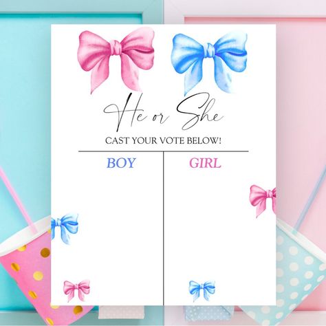 We know gender reveal chart Bow Theme, Painted Banner, Bow Gender Reveal, Watercolor Blue, Pink Bows, Reveal Party, Kids Nursery Decor, Free Birthday Invitations, Kids Stationery