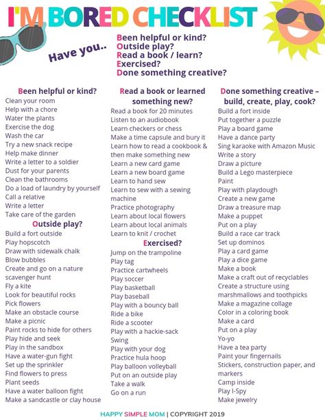 Things for kids to do when bored at home. Easy, fun, and simple activities to keep kids busy at home without a screen! Bored List At Home, Things To Do In School Holidays, Things To Keep You Occupied, Things To Do On Holidays At Home, Kids Bored List, Fun Things To Do Without Electronics, Fun At Home Activities For Adults, Things To With Friends At Home, Things To Do When Bored Without Electronics