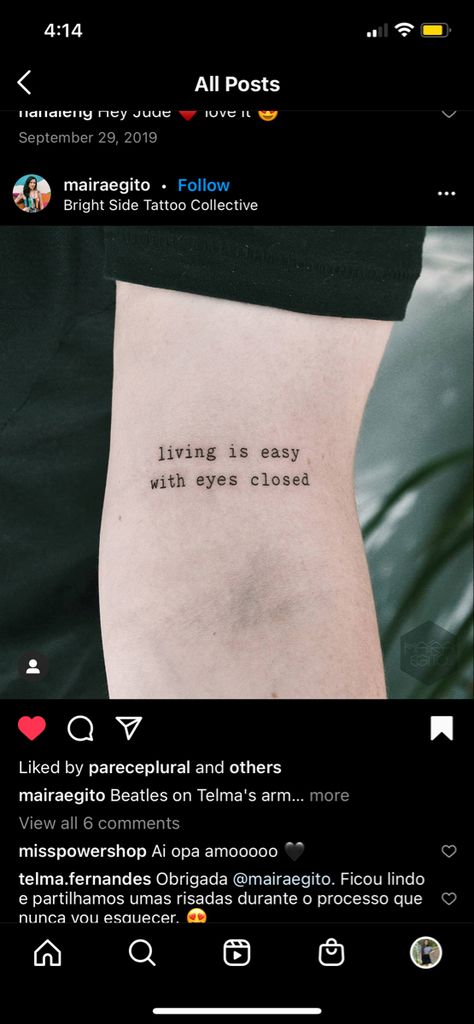 Beatles Tattoo Minimalist, The End Beatles Tattoo, All You Need Is Love Tattoo Beatles, In My Life The Beatles Tattoo, Beatles Lyrics Tattoo, Beatles Tattoo, Cute Tats, Side Tattoos, Get A Tattoo