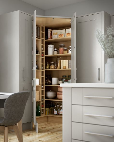 Milton Grey Kitchen with Clever Corner Pantry - Contemporary - Kitchen - Other - by Wickes | Houzz UK Corner Kitchen Pantry Cabinet, Benchmarx Kitchen, Corner Pantry Cabinet, Corner Kitchen Pantry, Pallet Deck Diy, Pallet Deck, Pantry Layout, Deck Diy, Kitchen Pantry Ideas