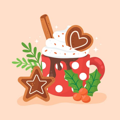 Hot Chocolate Illustration, Hot Chocolate Vector, Hot Chocolate Drawing, Hot Chocolate Art, Chocolate Illustration, Christmas Graphic Design, Graphic Design Cards, Christmas Hot Chocolate, Kawaii Christmas