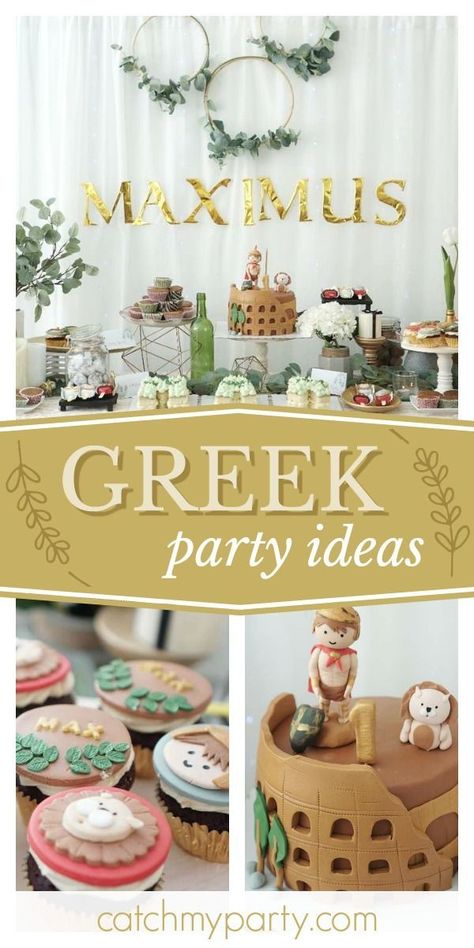 Check out this fantastic Greek - themed birthday party! The birthday cake is amazing! See more party ideas and share yours at CatchMyParty.com #catchmyparty #partyideas #greece #greekparty #boybirthdayparty Greek Party Ideas, Goddess Party Theme, Greek Party Decorations, Greek Party Theme, Greek Gladiator, Greece Party, Wedding Shower Activities, Greek Party, Goddess Party