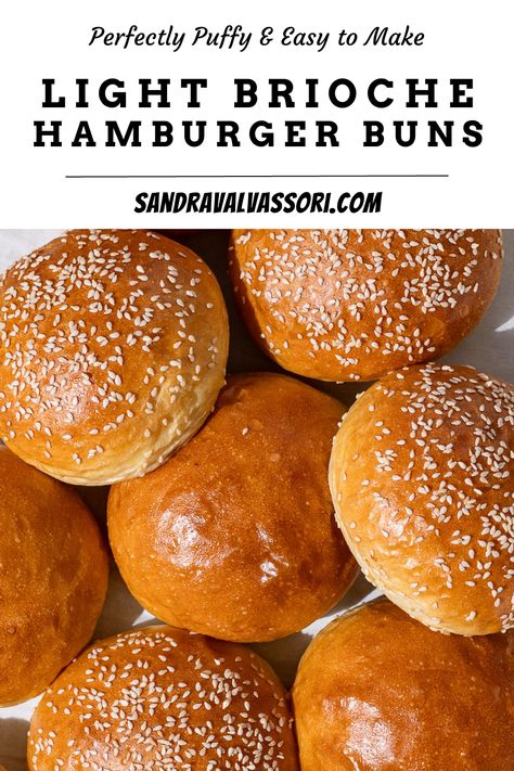 Light and puffy, yet strong enough to hold any patty, these homemade Light Brioche Hamburger Buns are guaranteed to be hit at your next burger cookout. Much easier to make than you think, once you try them, you’ll never want store bought buns again! Burger Cookout, Hamburger Buns Homemade, Brioche Hamburger Buns, Hamburger Bun Recipe, Milk Bun, Homemade Dinner Recipes, Homemade Recipes Dessert, Comfort Food Recipes Dinners, Hamburger Buns