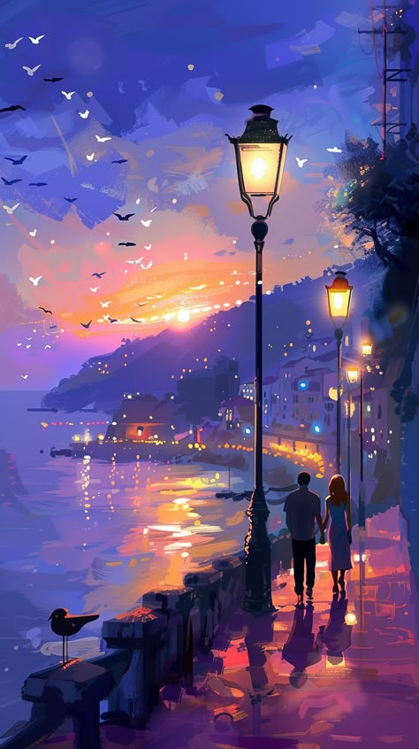 Beautiful Couple Walking by the Sea Bird Background Wallpapers, Birds Flying Painting, Relationship Wallpaper, Evening Illustration, Sky With Birds, Monogram Wallpaper, Train Illustration, Walking Together, Romantic Artwork