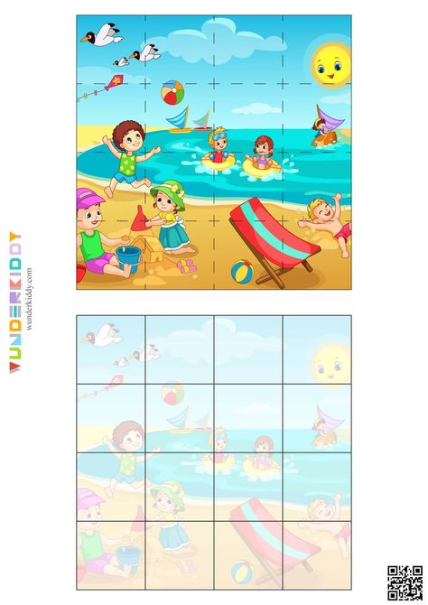 Developing puzzle game Summer Time is meant to improve memory, logical thinking and fine motor skills by children at preschool age. The task is to assemble a jigsaw puzzle from 16 items into summer illustration. Print activity sheets and cut the bright picture along the dashed lines. Then mix all puzzle elements and ask a child to assemble a puzzle. The smallest students can do the puzzle using a help picture. Worksheet For Toddler, Summer Puzzle, Preschool Puzzles, Puzzle Worksheet, Bee Crafts For Kids, Shape Tracing Worksheets, Free Printable Puzzles, Summer Worksheets, Puzzle Activity