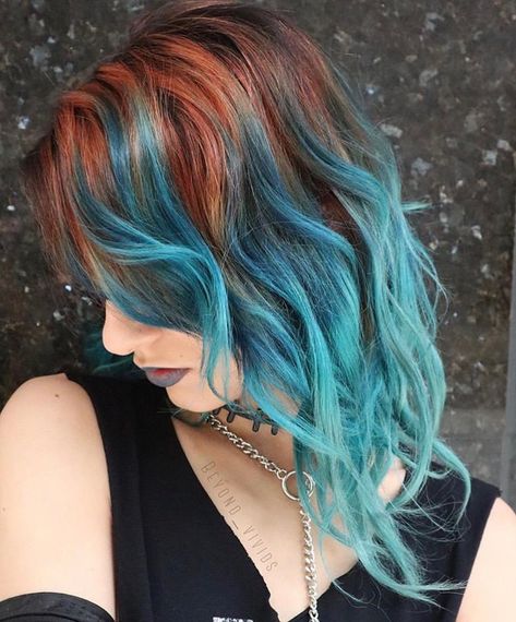 Winter Hair Dye Ideas, Red And Turquoise Hair, Copper Hair With Pop Of Color, Copper Hair With Blue Highlights, Copper Teal Hair, Ginger And Teal Hair, Red Hair With Green Highlights, Copper And Teal Hair, Copper And Green Hair