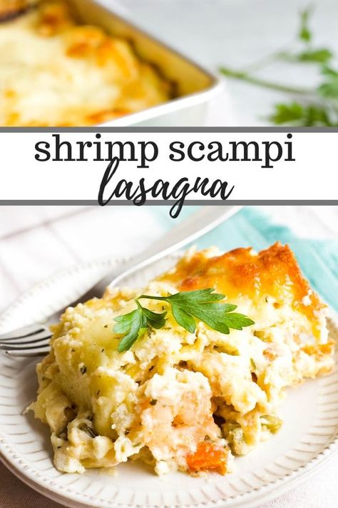 A creamy shrimp scampi seafood lasagna featuring shrimp, veggies, and plenty of melted cheese. This seafood lasagna is a hit at family parties! An easy Seapak Shrimp Scampi recipe that you can make ahead of time. #seapak #lasagna #seafood #shrimp #comfortfood #lifealittlebrighter Lasagna Seafood, Creamy Shrimp Scampi, Healthy Seafood Dishes, Scampi Sauce, Seafood Lasagna, Creamy Shrimp, Popcorn Shrimp, Shrimp Scampi Recipe, Scampi Recipe