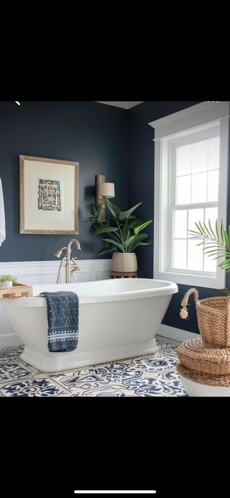 Blue And White Small Bathroom, White And Blue Bathroom Ideas, White And Blue Bathroom, White Small Bathroom Ideas, White Small Bathroom, Blue Bathroom Ideas, Clawfoot Tub Bathroom, Bathroom Blue, Tub Bathroom