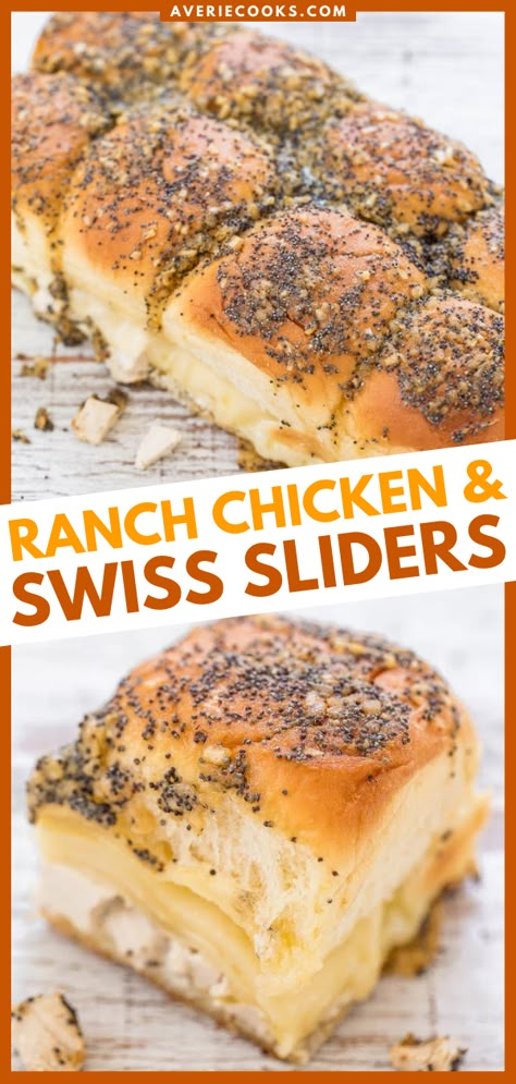 Ranch Chicken and Swiss Sliders - Averie Cooks Sliders On Hawaiian Rolls, Hawaiian Roll Sandwiches, Slider Recipe, Easy Slider Recipes, Sliders Recipes Chicken, Easy Slider, Sandwich Wraps Recipes, Ham And Cheese Sliders, Hawaiian Roll Sliders