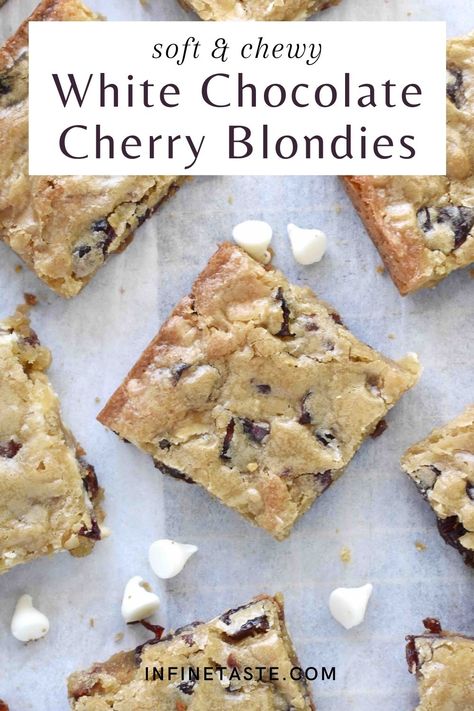 These white chocolate cherry blondies (sometimes called blondie brownies or blonde brownies) are every bit as indulgent as they sound! It has a blondie base, with a rich butterscotch flavor, and is full of sweet and tart dried cherries, and white chocolate chips. They’re quick to maker and easier than any chocolate chip cookie bars! #CherryCookies #BlondiesRecipes #BlondieBrowniesRecipe Coconut Pecan Cookies, Apple Blondies, White Chocolate Cherry, Blonde Brownies, Brownie Trifle, White Chocolate Blondies, Chocolate Chip Bars, Cherry Cookies, Rhubarb Cake