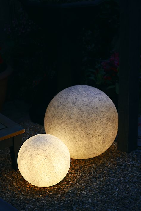 Outdoor Sphere Lights, Garden Tattoos, Stone Lighting, Orb Light, Garden Balls, Garden Drawing, Outdoor Lighting Landscape, Low Light Plants, Ball Lights