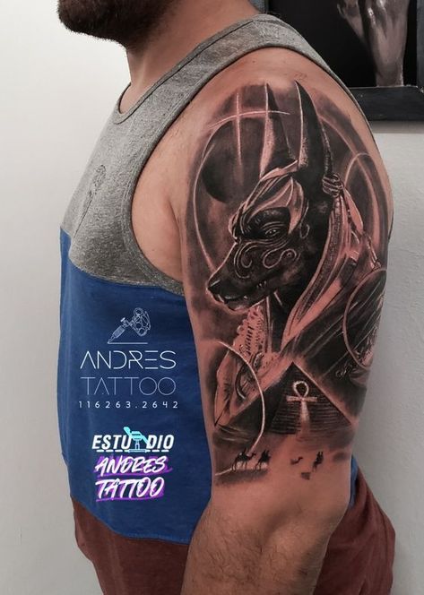 Have you been looking for a tattoo associated with myths and Ancient Egypt? In our article, you will learn who Anubis is and what unique meaning is inherent in this tattoo. God Of Egypt Tattoo, Anubis Tattoo Men Ideas, Egyptian God Tattoo, Dragon Tattoo Shoulder, Egyptian Eye Tattoos, Warrior Tattoo Sleeve, Cyberpunk Tattoo, Persian Tattoo, God Anubis