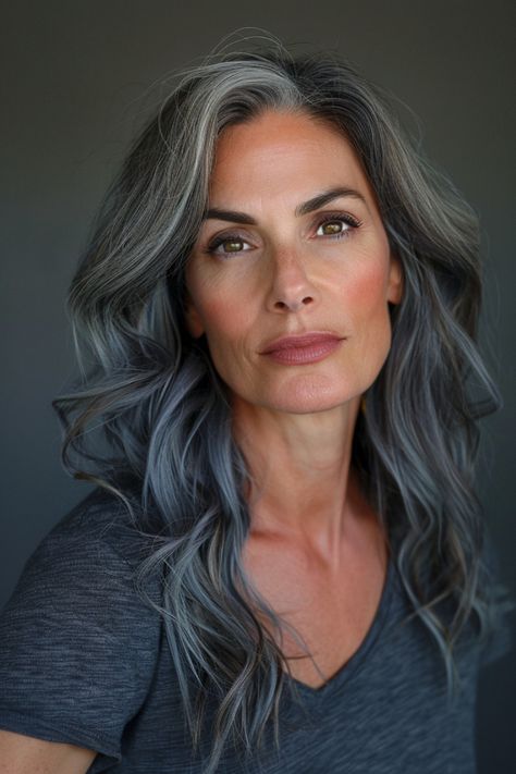 25 Gorgeous Salt And Pepper Hair Color Ideas Silver On Brown Hair, White And Dark Brown Hair, Long Grey Hair With Bangs Over 50, Graying Hair Highlights, How To Cover Grey Hair In Dark Hair, Brown And Gray Hair, Gray Highlights Brown Hair Over 50, Brunette Grey Blending, Models Over 50