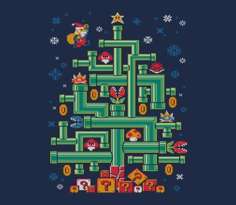 It's a Tree, Mario! @teefury Nintendo Christmas, Nerdy Wallpaper, Mario Svg, Video Game Crafts, Pixel City, Nerdy Christmas, Pixel Art Background, Game Png, Christmas Game