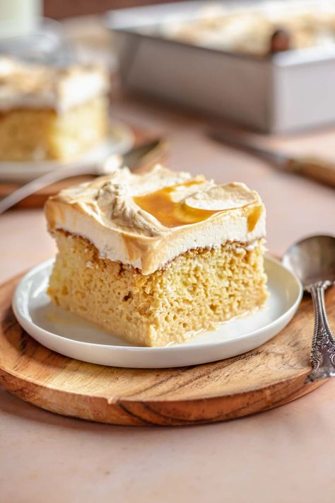 This caramel tres leches cake takes an airy sponge cake, douses it three different types of milk mixed with caramel sauce, and the top of the cake gets covered in fresh whipped cream and dulce de leche. It's a very simple style of poke cake with Latin American origins that's just the right amount of sweet, with tons of flavor. Pecan Tres Leches Cake, Flavored Tres Leches Cake, Caramel Tres Leches Cake, Huge Cake, Tres Leches Cake Recipe, American Desserts, Vanilla Whipped Cream, Tres Leches Cake, Tres Leches