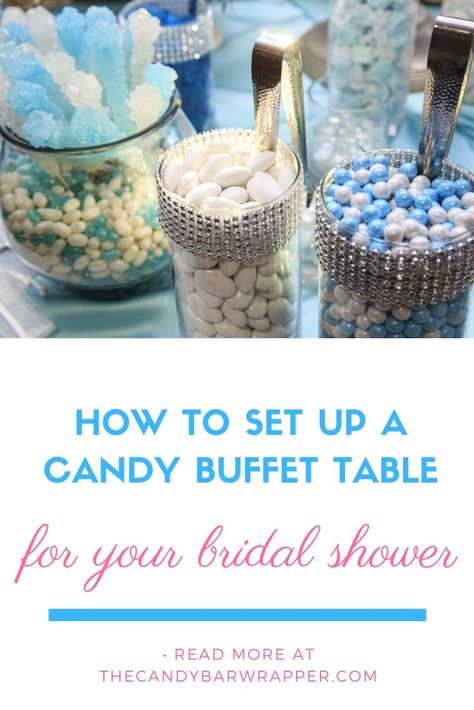 Find out easy ways to set up a candy buffet table for a bridal shower at The Candy Bar Wrapper Wedding Shower Candy Bar, Bridal Shower Candy Bar, Candy Buffet Table, Candy Buffet Tables, Candy Bar Wrappers, How To Set Up, Candy Buffet, Buffet Table, Shower Set