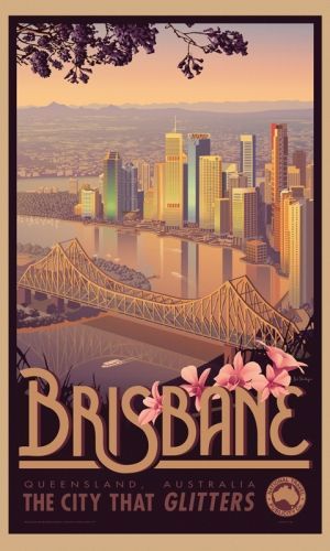 Brisbane - Australian Vintage Retro Travel Poster (only retro in the style of the poster, most of those buildings weren't even there in the 80's and 90's, but this is my city, I have to post) Art Deco Travel Posters, Posters Decor, Posters Australia, Australian Vintage, Postal Vintage, Tourism Poster, Australian Travel, Deco Poster, Retro Travel Poster