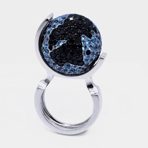 The sapphire and black diamond globe will keep spinning on your finger to remind of Mother Earth's beauty and fragility. Set with sapphire and black diamonds #blue #ring Sustainable Jewelry, Dress Rings, Blue Jewelry, Bling Rings, Green Enamel, Vintage Jewels, Diamond Set, Green Tourmaline, Rock Crystal