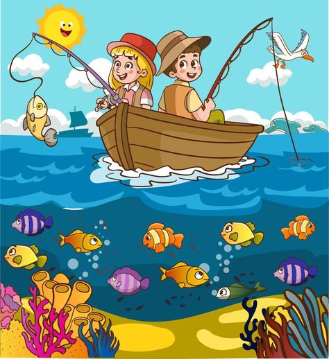 children fishing in the sea cartoon vector Fishing Drawing, Fishing Cartoon, Sea Cartoon, Fishing Clipart, Sea Clipart, Fish Cartoon, English Learning Books, Orange Fish, Kindergarten Learning Activities